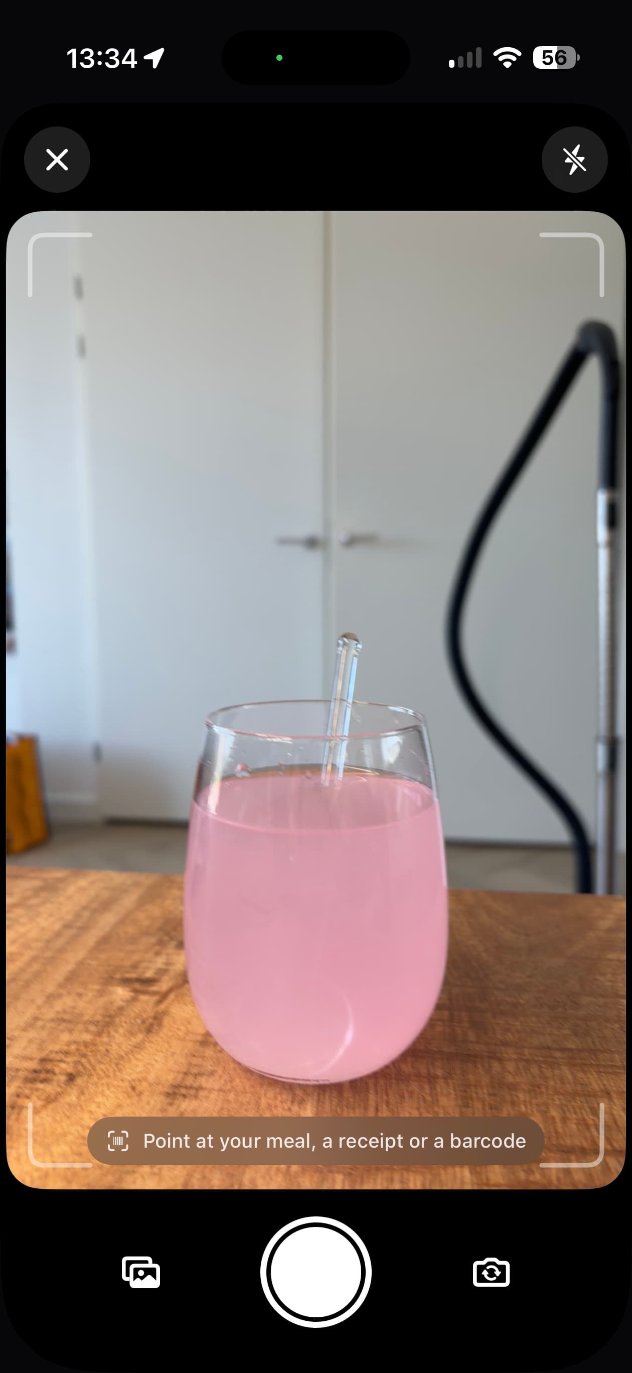 The Carve camera pointed at a drink, with the hint "Point at your meal, a receipt or a barcode".